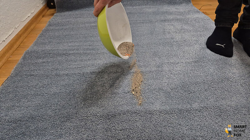 Sand wird ueber dem Teppich verschuettet